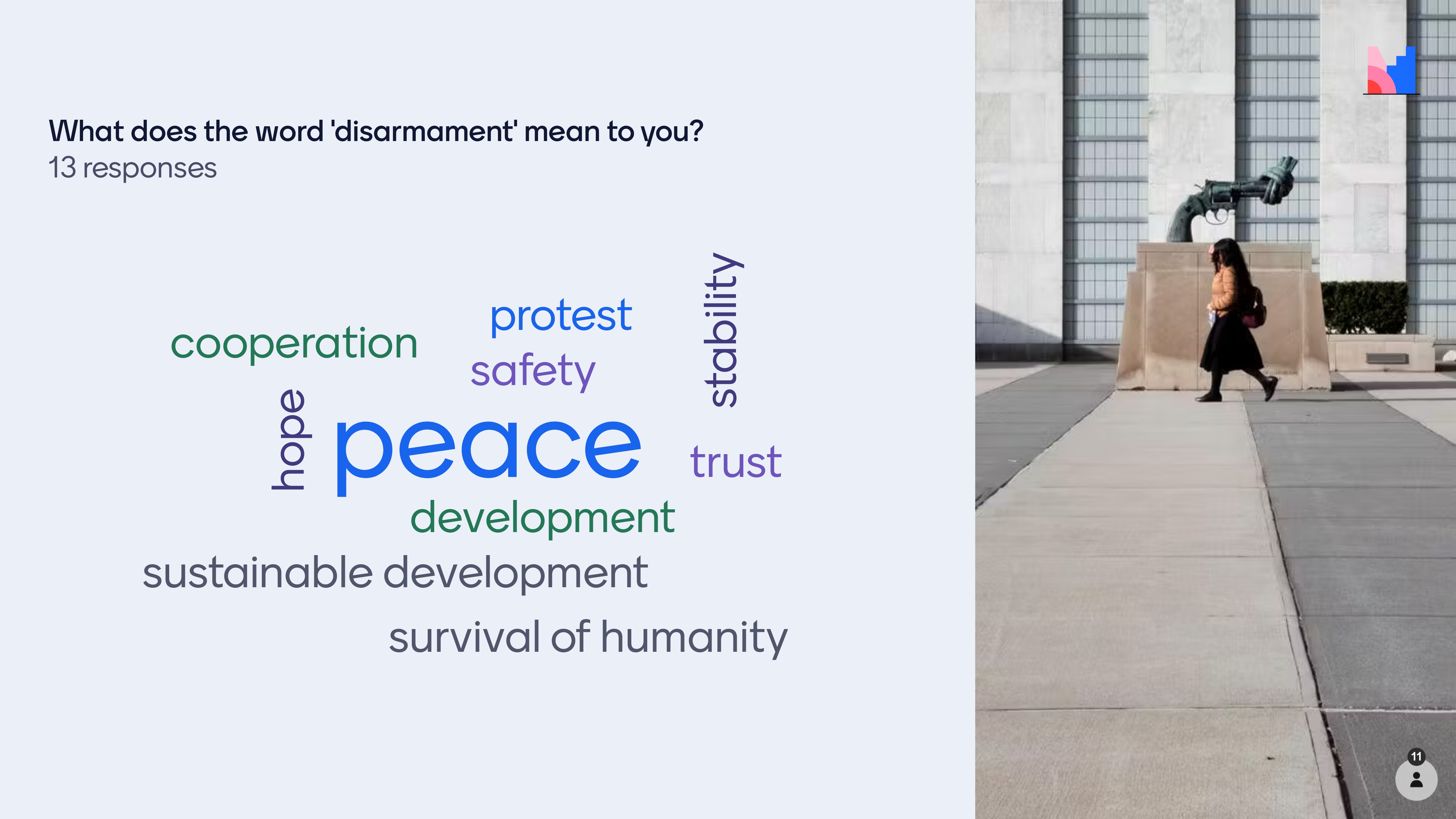 UN Youth Champions for Disarmament share what disarmament means to them, with some saying 'peace' and 'stability.'