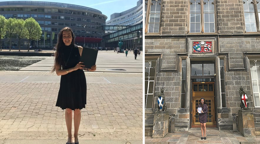 Celebrating my graduation from the Hague University of Applied Sciences with a Bachelor of Arts in European Studies (left) and the University of Aberdeen with a Master of Science in Strategic Studies and Energy Security (right).
