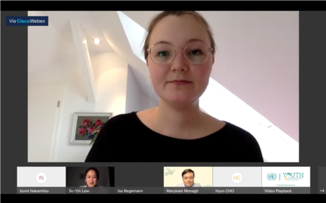 UN Youth Champion for Disarmament and representative of the judging panel for the #75Words4Disarmament Youth Contest, Ms. Isa Begemann, spoke during the event.