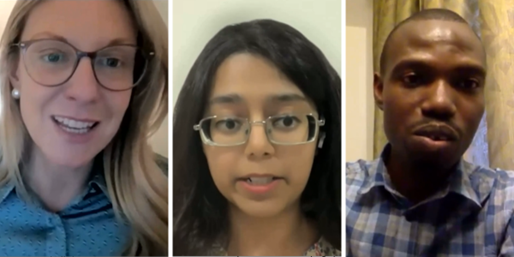 Ms. Allison Pytlak (left), Ms. Shimona Mohan (middle) and Mr. Ishamel Bhila (right) briefed participants on their work on approaches to new and emerging technologies. 