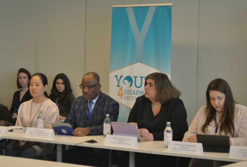 Speakers of the event included, from left to right, Ms. Soo Hyun Kim, Political Affairs Officer and #Youth4Disarmament lead at UNODA, Mr. Ivor Fung, Chief of the Conventional Arms Branch at UNODA, Ambassador Lachezara Stoeva, Permanent Representative of Bulgaria to the UN and President of ECOSOC and Ms. Alexandra Marksteiner, Associate Political Affairs Officer at UNODA.