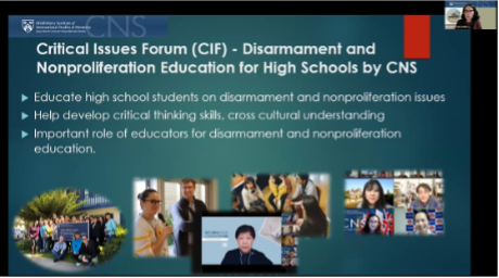 Ms. Masako Toki provided a presentation on the work of the Critical Issues Forum programme, which aims to engage high school students on the general principles of disarmament, non-proliferation, and arms control. 