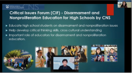 Ms. Masako Toki provided a presentation on the work of the Critical Issues Forum programme, which aims to engage high school students on the general principles of disarmament, non-proliferation, and arms control.