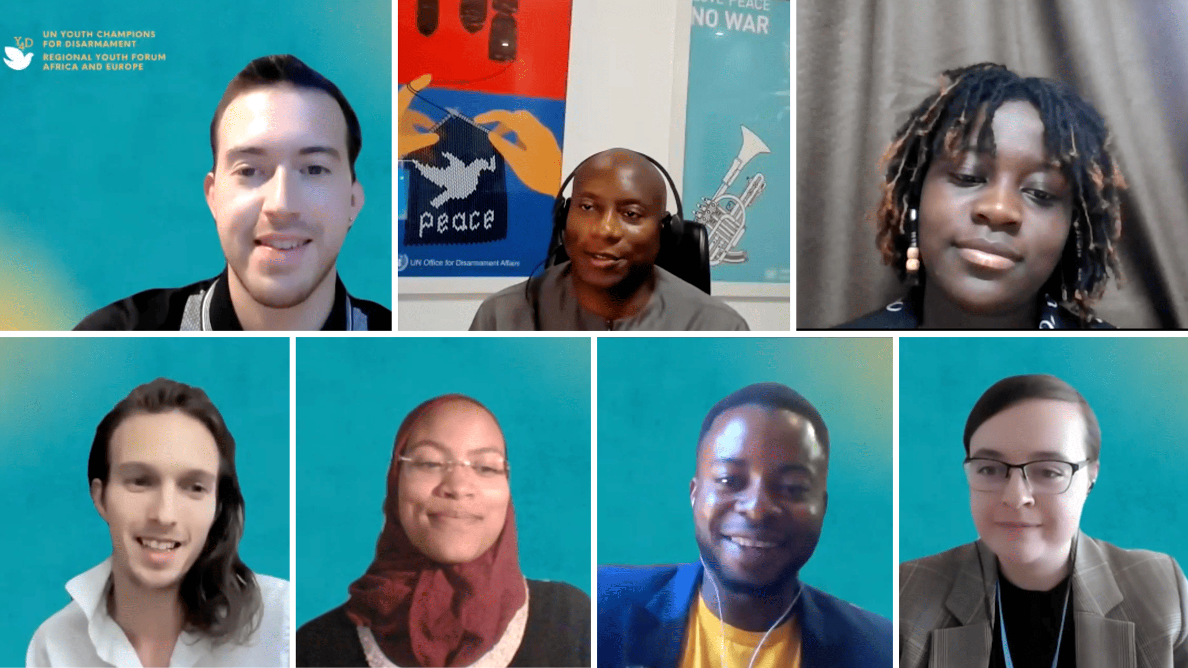 Mr. Anselme Yabouri (top, centre), Director of UNREC with the Africa and Europe cohort of the UN Youth Champions for Disarmament - Mr. Ivan Siluianov, Ms. Divina Maloum, Mr. Mihajlo Matković, Ms. Roberta Bojang, Mr. Jutome Doetein - and Ms. Marykate Monaghan, moderator of the session.