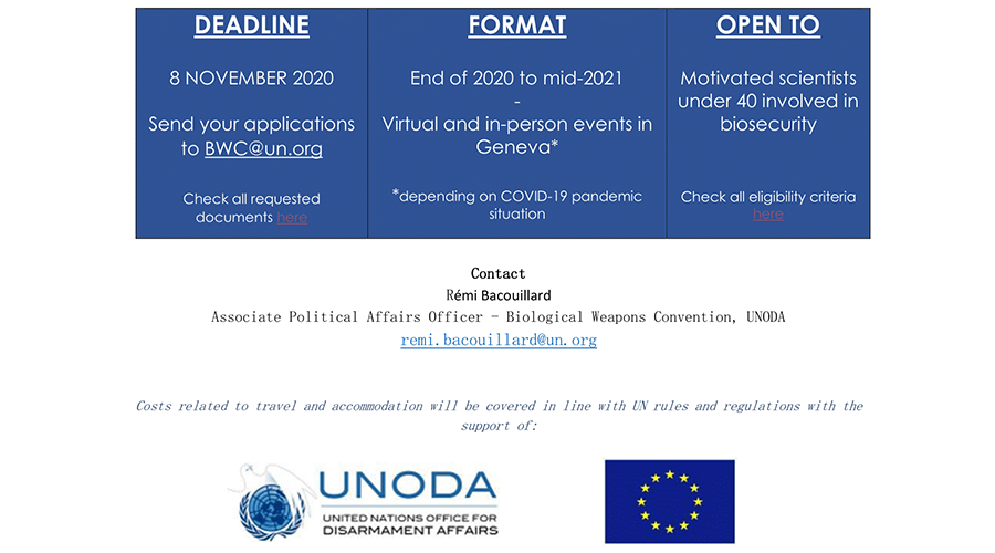 Deadline: 8 Nov 2020; Format: Virtual and in-person in Geneva; Open to motivated scientists under 40 involved in biosecurity